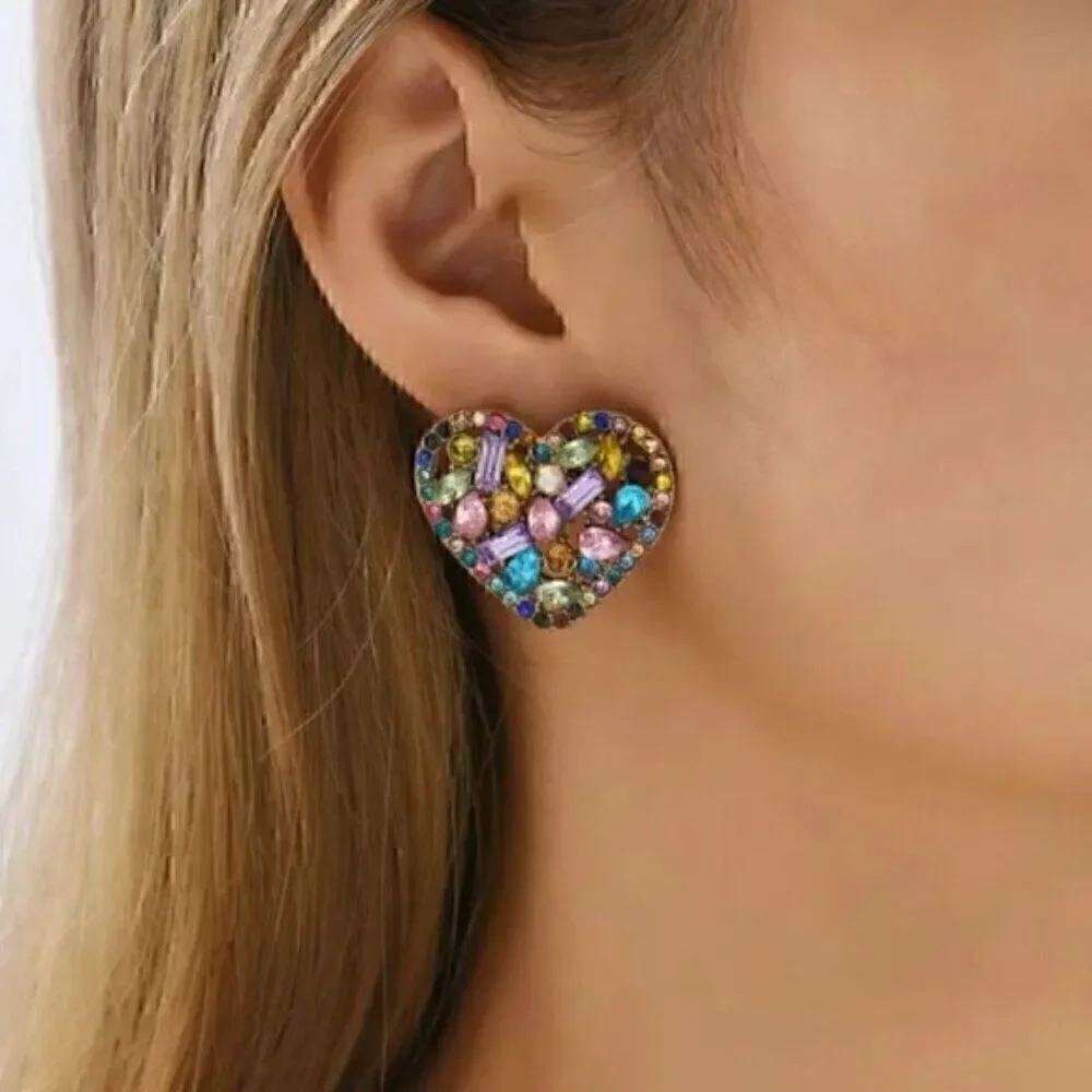 Colorful Heart Shaped Stud Earrings Embellished With Shiny Rhinestones - Picture 2 of 5